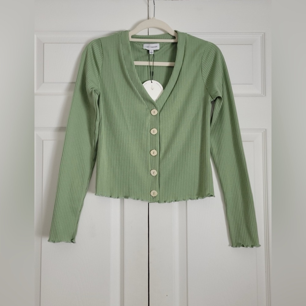 Lost + Wander Ribbed Knit Button Front Top Sea Green Size S PTP 17in NWT
